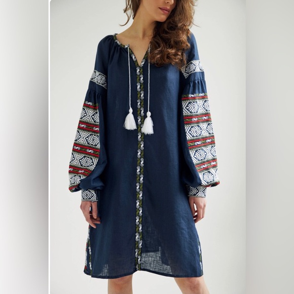 NEW  100% Linen, Vyshyta Boho Dress - Slavic traditional embroidered detailing 💙 - Picture 2 of 9